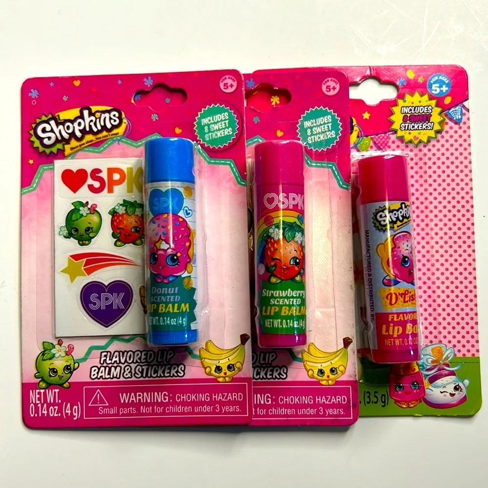 Shopkins Lip Balm & Sticker Bundle- D'lish Donut & Strawberry Kiss Quantity of 3